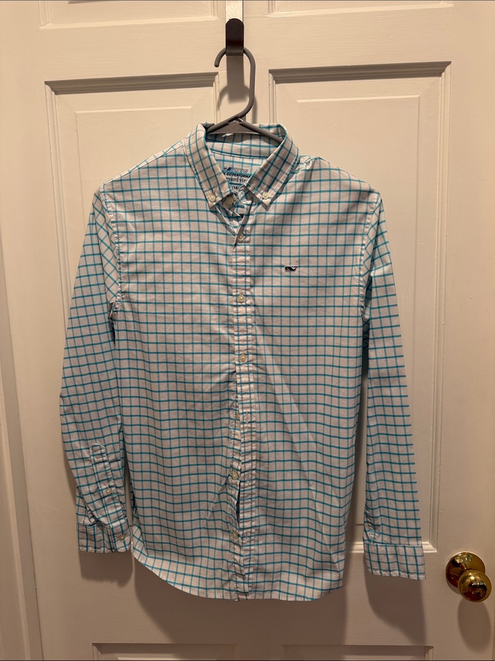 Vineyard Vines Boys White Button-Down with Teal Windowpane